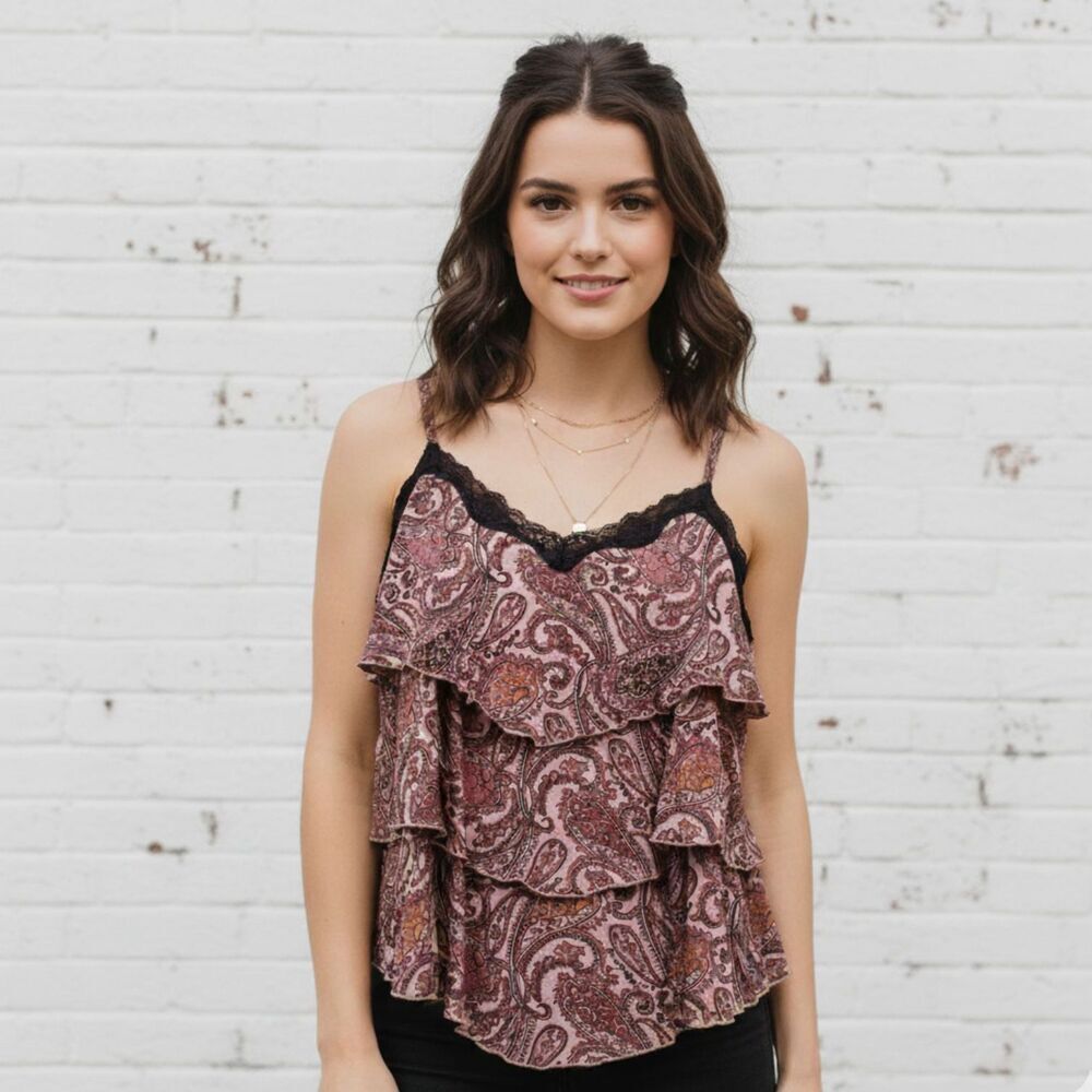 Vintage Paisley Tiered Ruffle Cami Lace Burgundy Fairy Whimisgoth Women 14/16